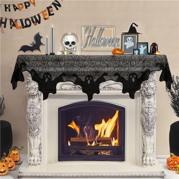 Halloween Decorations Indoor Fireplace Mantel Scarf, Black Lace Ghost Spiderweb - Picture 1 of 7